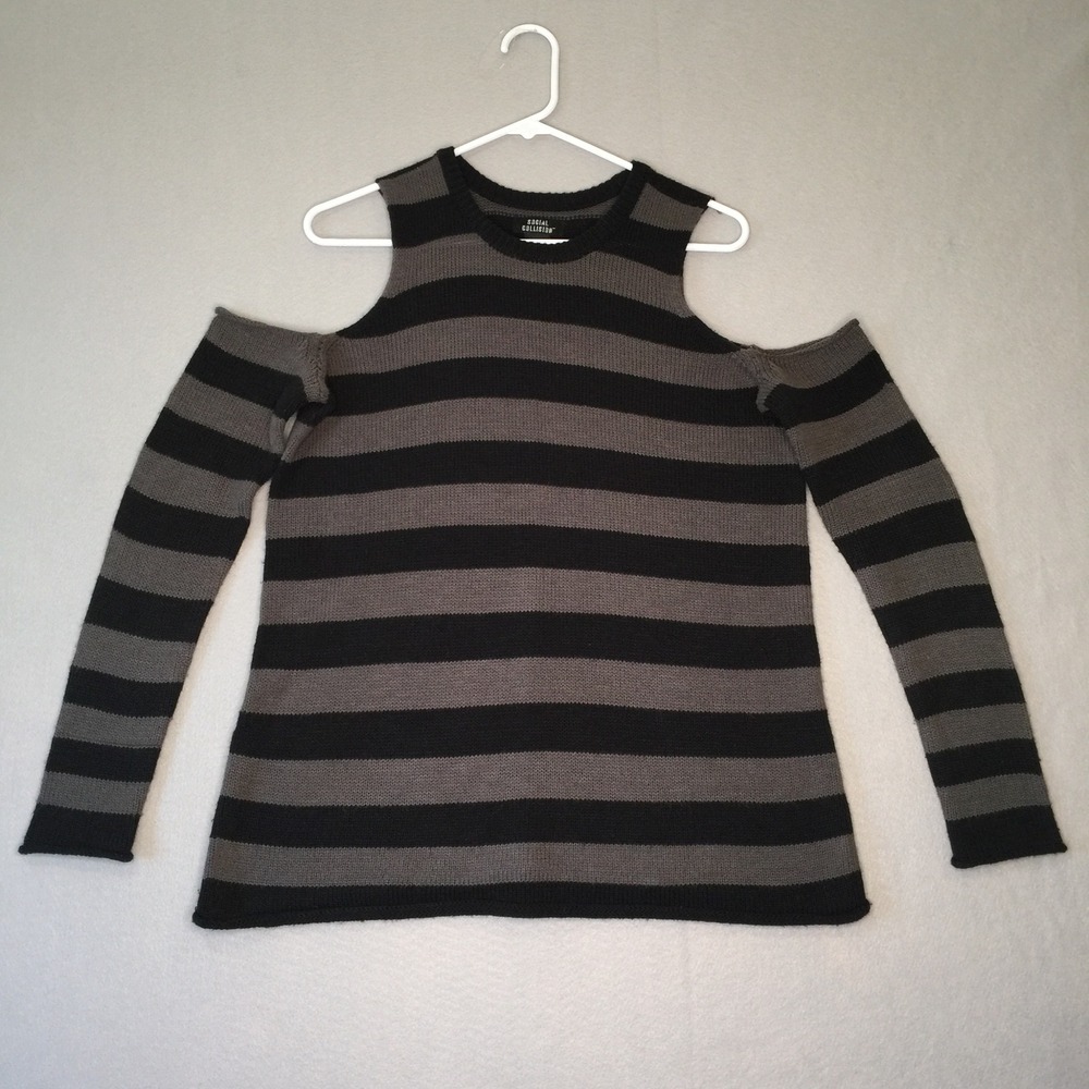Social Collision Sweater Womens Small Black Gray Stripe Cold Shoulder Emo Grunge